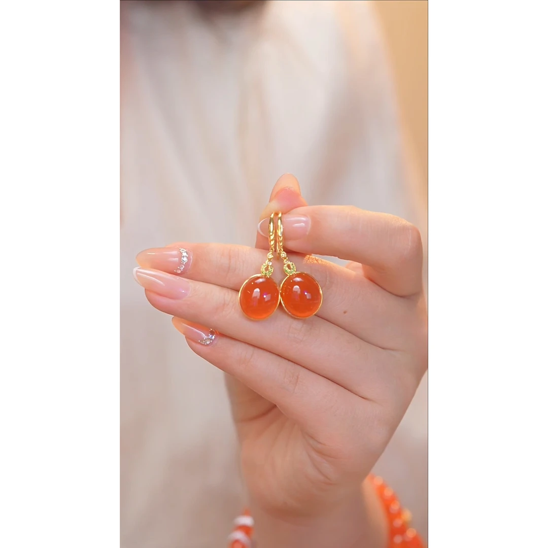 南红玛瑙耳饰18K金镶嵌@@N0130