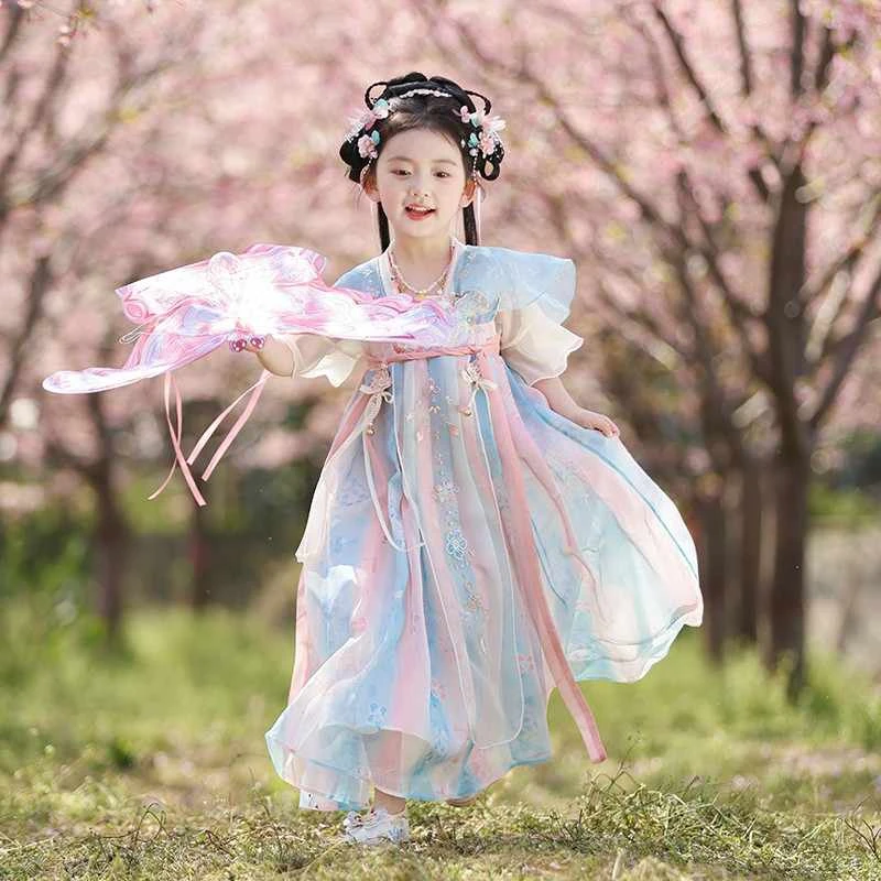 儿童汉服春秋宝宝中国风古装短袖超仙刺绣薄款襦裙女童国风连衣裙