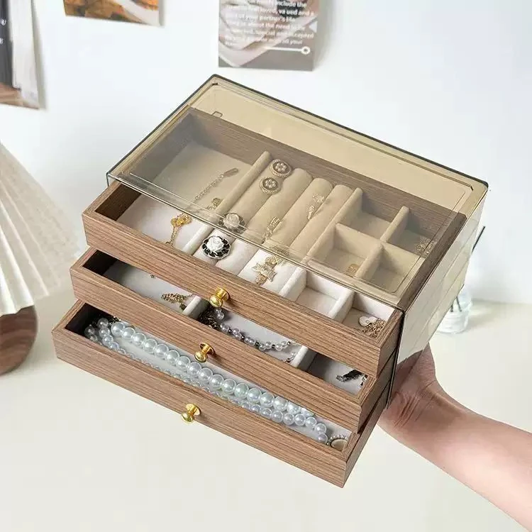 多层首饰盒高档精致项链耳环胡桃木纹大容量2025年新款饰品收纳盒