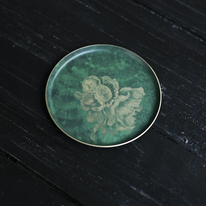 【遇见】复古绿圆形杯垫-金鱼图（Q6581）