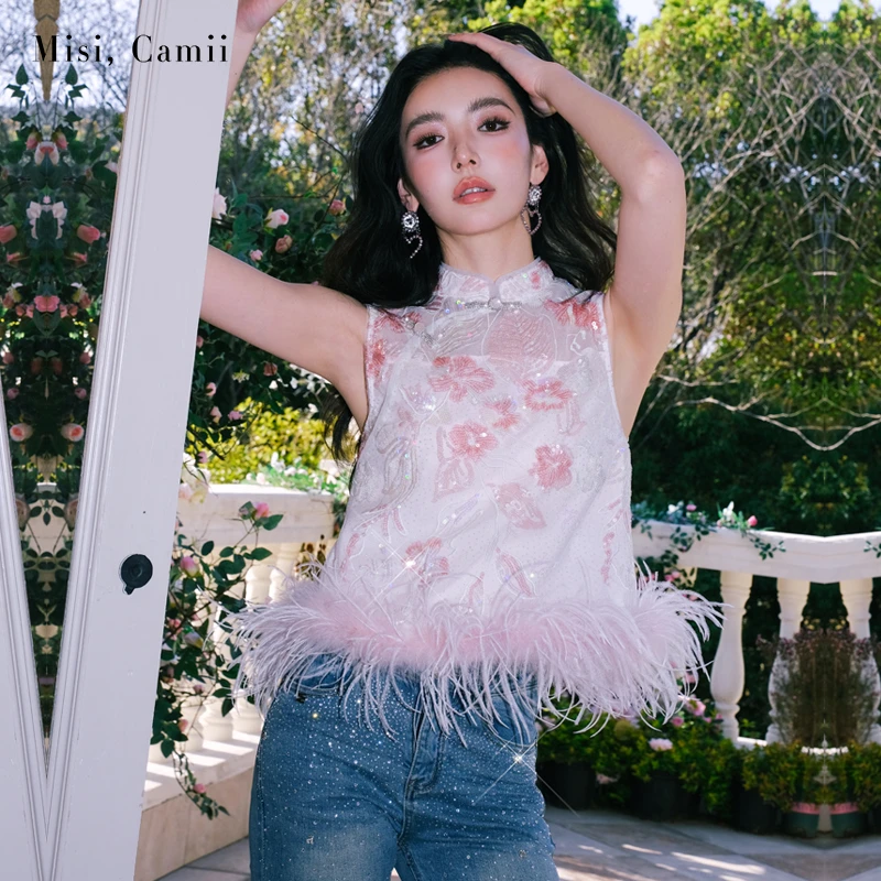 Misi,Camii2024春夏新款女士中式钉珠羽毛无袖上衣轻奢时尚感百搭