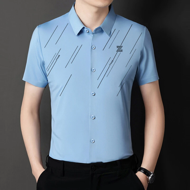 2025男士短袖无痕高档衬衫高弹夏季条纹百搭时尚男装商务潮流衬衣