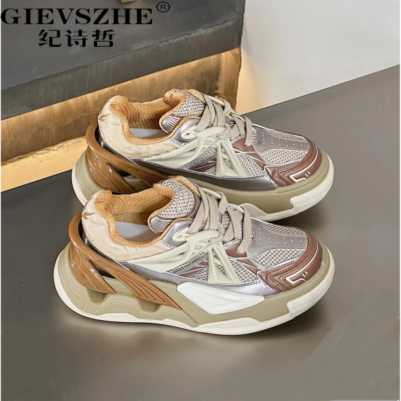 纪诗哲老爹鞋女2025秋季新款百搭真皮厚底增高网面透秋季网面增高