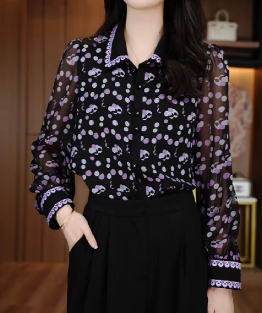 紫色圆长袖衬衫女士2025秋季新款洋气减龄宽松休闲显瘦雪纺上衣