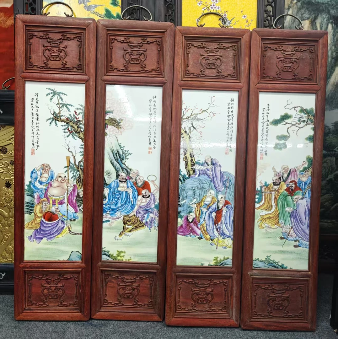 当代 景德镇瓷板画十八罗汉四联屏80*21cm