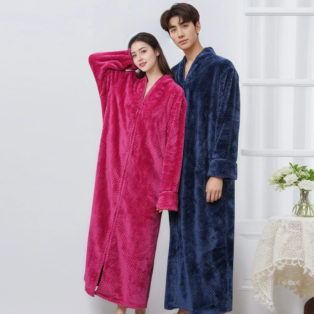 秋冬加厚法兰绒拉链睡袍女长款珊瑚绒情侣睡裙宽松大码浴袍男睡衣