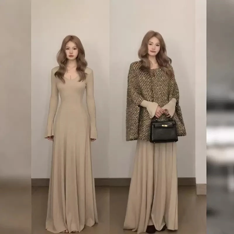 Gilded Threads 新品秋季针织设计感V领收腰长袖连衣裙【加长版】