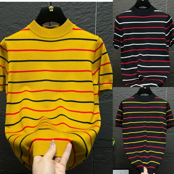 短袖针织针织衫毛衣修身男士秋冬打底衫中高领潮流3020休闲条纹