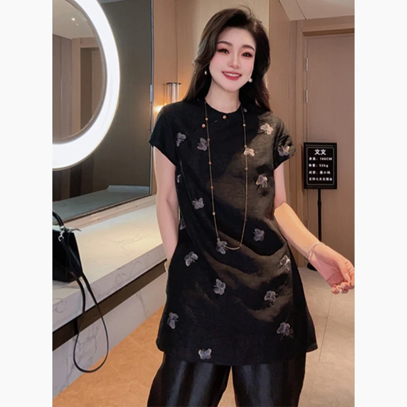 休闲新中式套装女2026年夏季新款蝴蝶印花显瘦短袖上衣长裤两件套