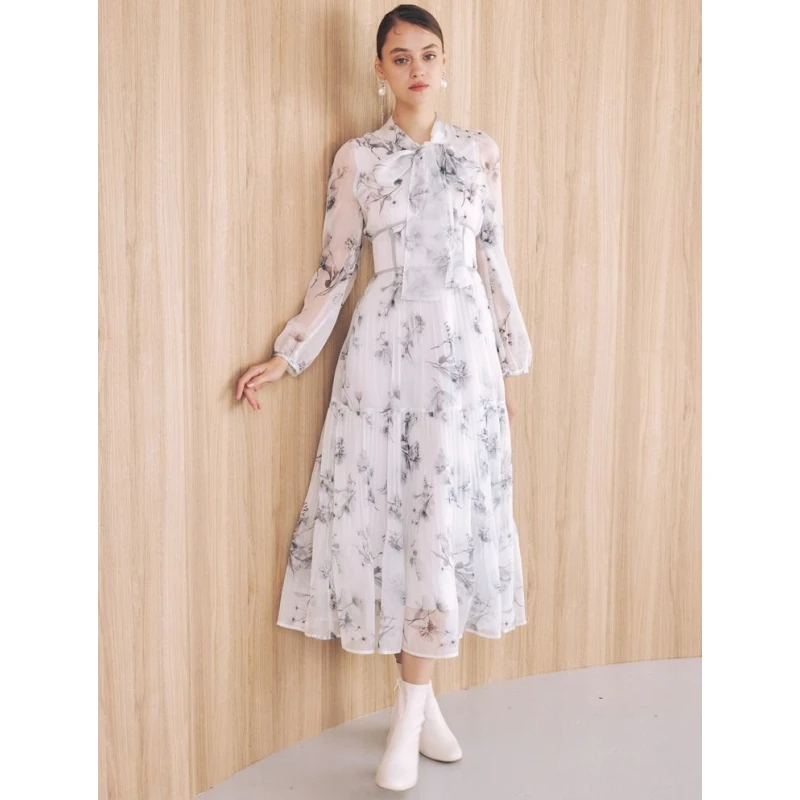 【Montendre】  M 春季新款 透视分层花卉印花褶裥气质连衣裙