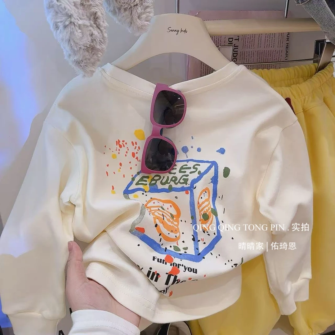 2025新款男女童时尚百搭韩版长袖圆领卡通涂鸦潮T恤