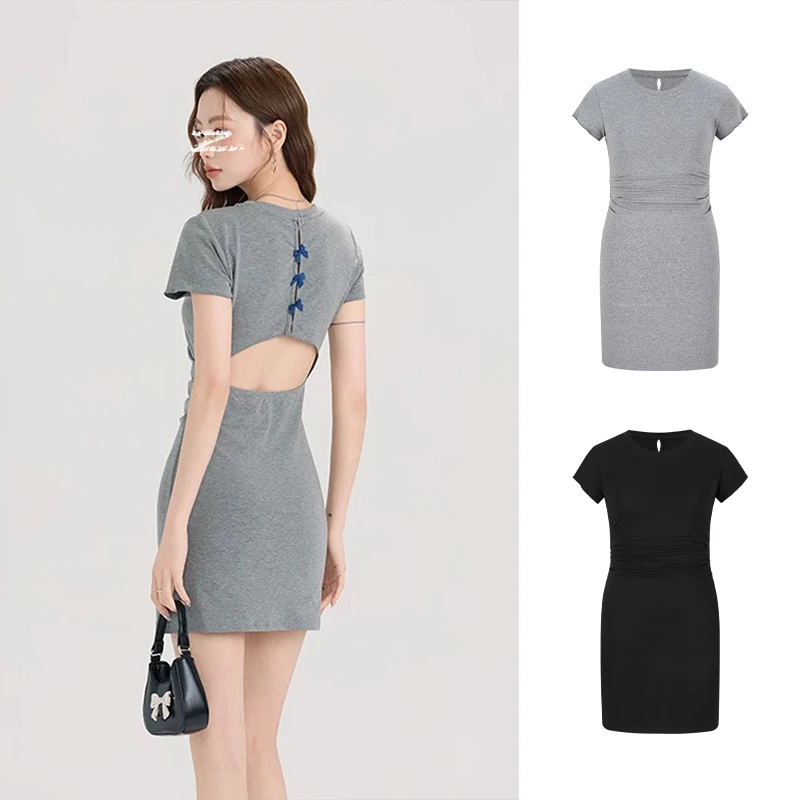 Moses Queen/魔西女王小蝴蝶结露背短袖连衣裙心机小众a字短裙