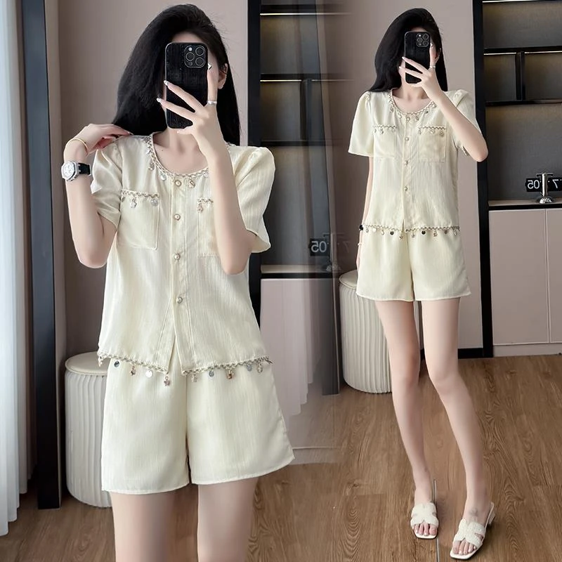小香风时髦轻奢风法式贝壳流苏短袖套装女洋气休闲开衫短裤两件套