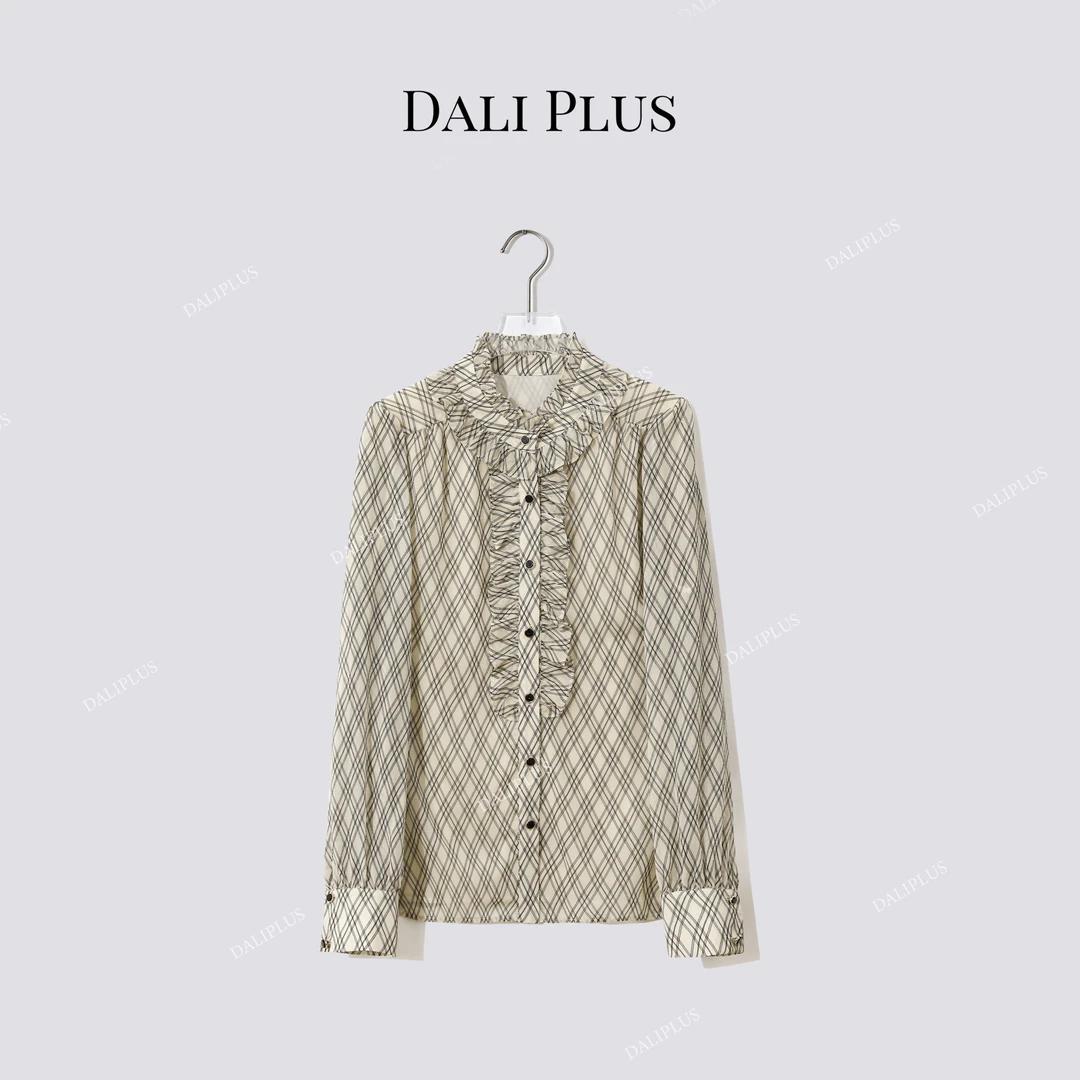 DALI PLUS“菱形格纹木耳花边衬衫”长袖衬衫-D5SS7256