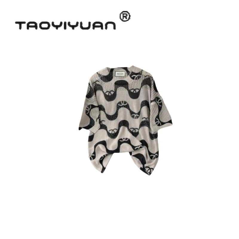 【宠粉专属】轻奢重工短袖镶钻印染半圆波纹毛衣针织套头针织