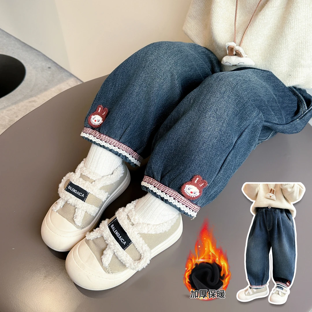 儿童加绒休闲裤直筒裤百搭冬季牛仔裤2025秋季长裤
