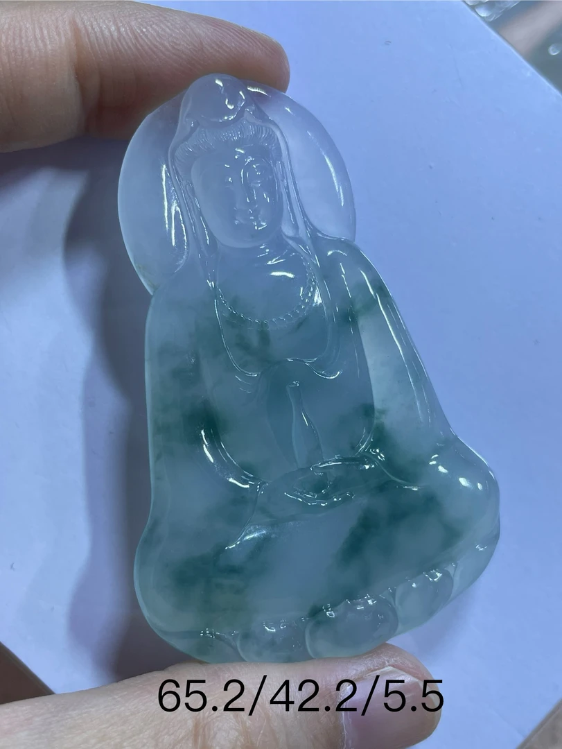 天然缅甸翡翠A货素衣观音吊坠，正冰种，飘花，完美一刀切，男士配戴