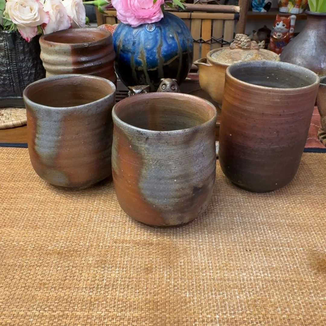 麻*姑备前烧 柴岗信义杯2只 大森宏名杯 一只