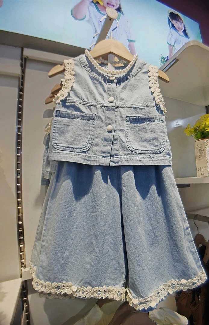薄款女童牛仔套装夏季韩版纯色套装蓝色花边套装女童