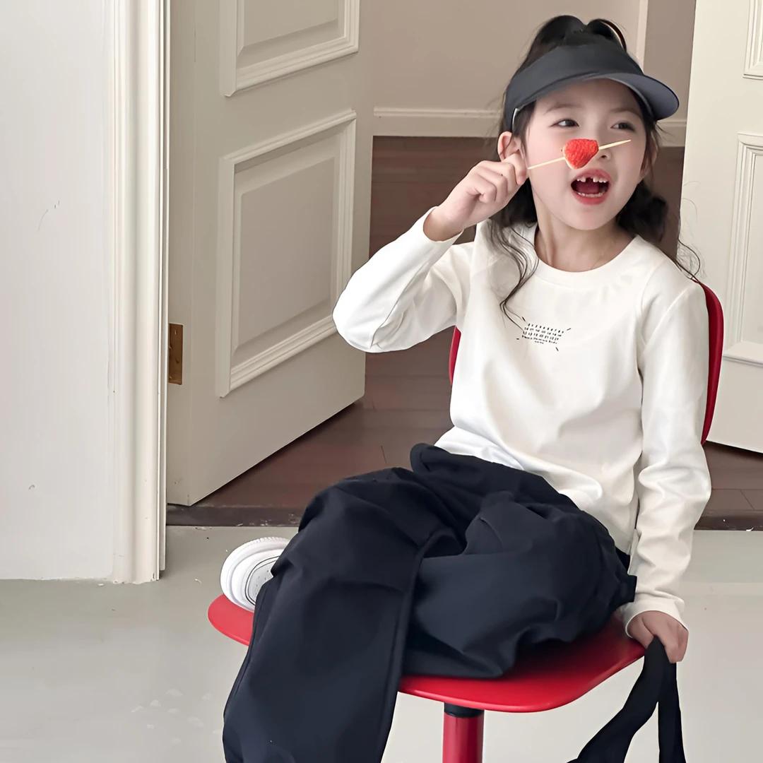 【嗒囜】25春季童装时尚女童时髦短款上衣中大童洋气纯色长袖T恤