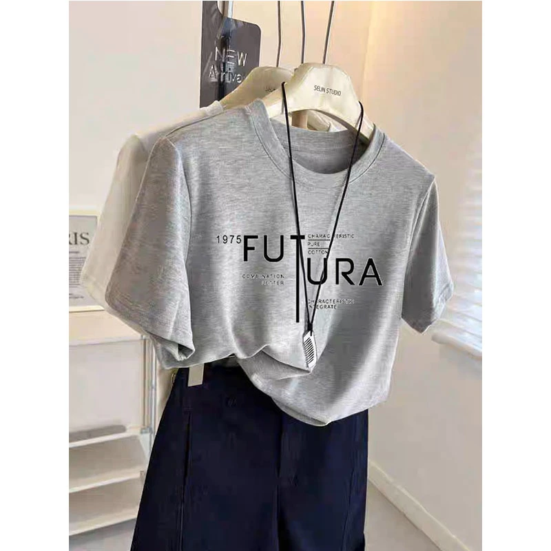 2025新款正肩圆领短袖t恤女时尚百搭灰色上衣薄款打底衫夏季潮