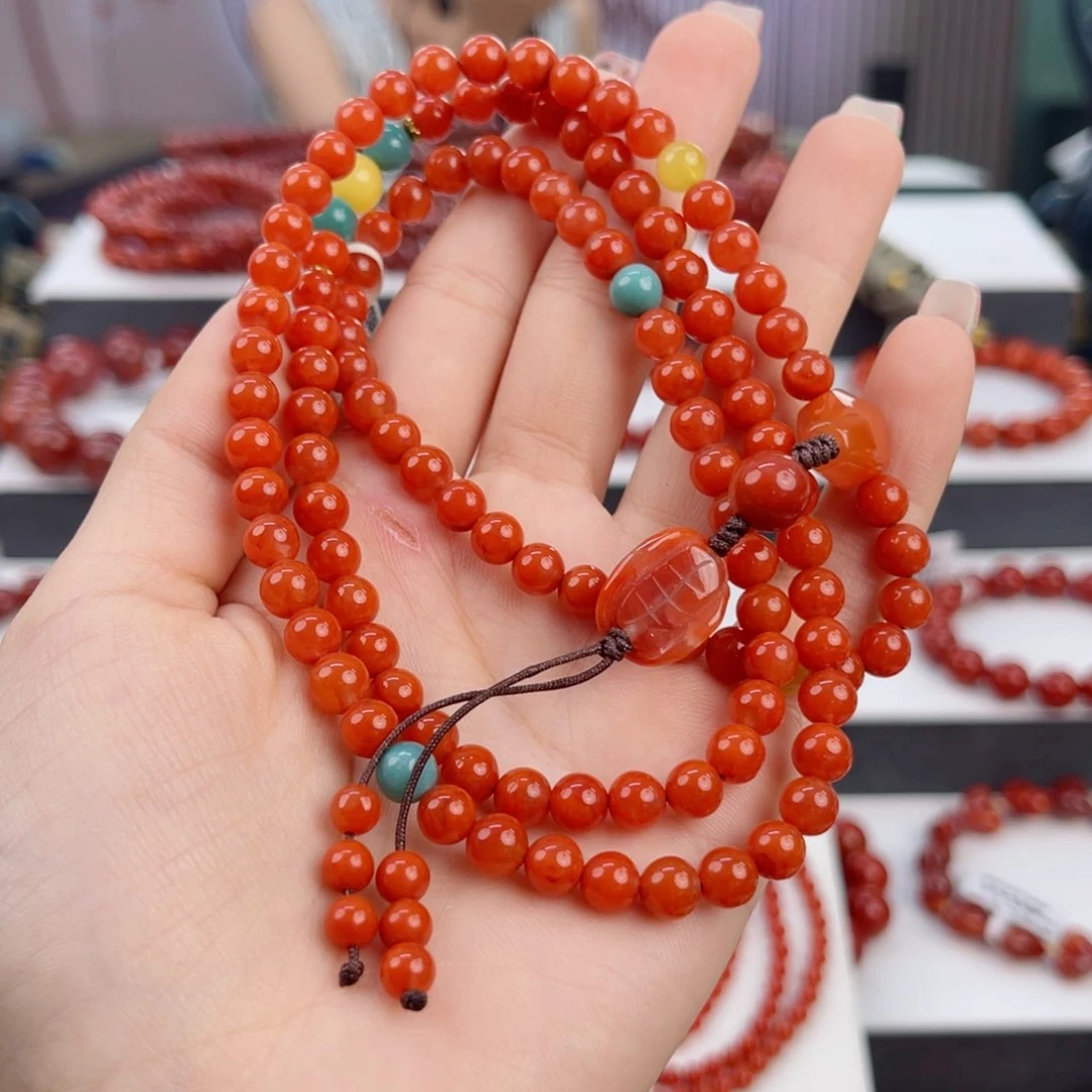 小****南红玛瑙瓦西柿子红玉化毛衣链6mm未镶嵌