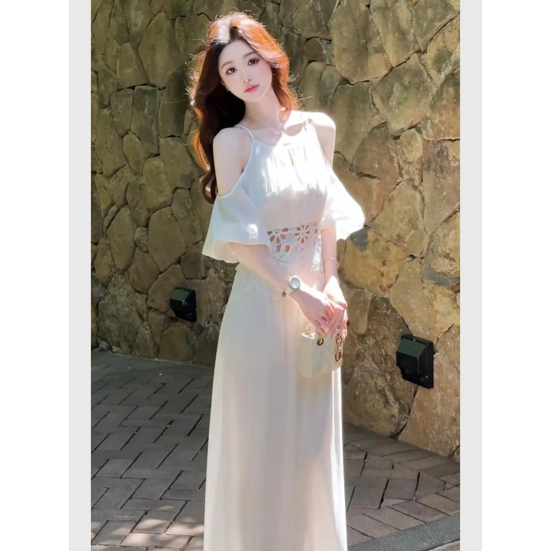 富家千金名媛感白色蕾丝两件套2025清纯白月光露肩阔腿裤别致套装