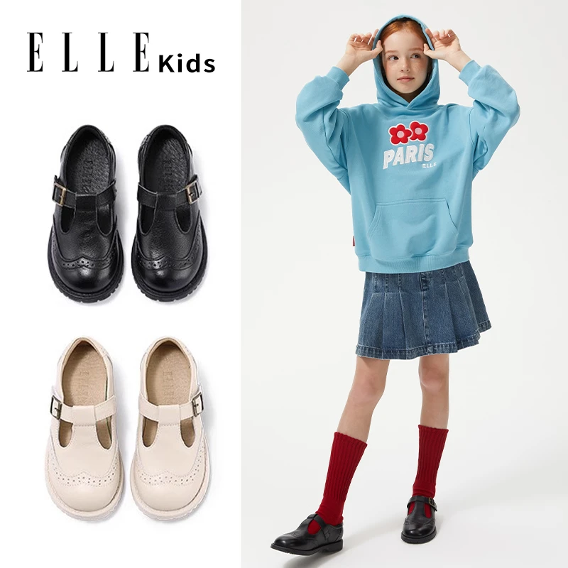 ELLEkids儿童皮鞋黑色真皮2025春秋新款女孩公主单鞋软底女童鞋子