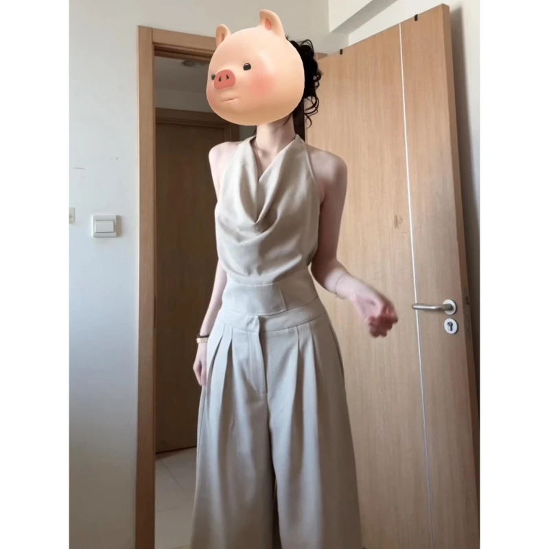 高级感套装荡领无袖背心休闲上衣宽松拖地裤裤阔腿裤两件套