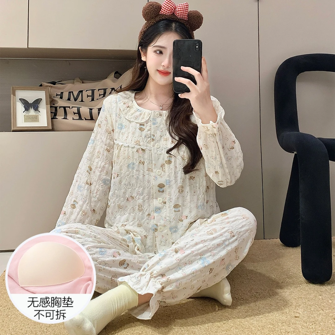 云朵棉睡衣女秋冬季长袖带胸垫2025新款奶fufu卡通小狗套装家居服