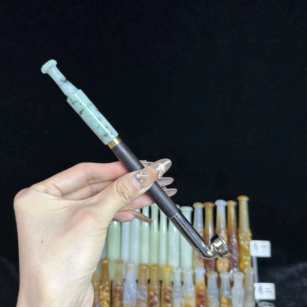 纯手工老式旱烟袋翡翠烟嘴➕乌木紫光檀杆➕白铜锅头