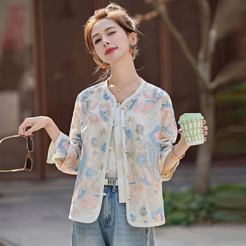 2025年夏季新款时尚国风外套女洋气减龄设计感圆领上衣短款防晒衫