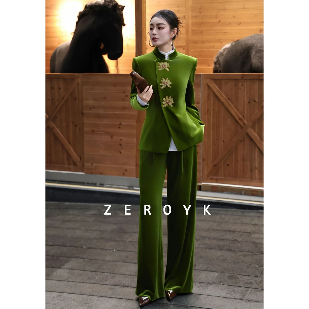 ZEROYK翎蔻 新中式职业装女高级感重工订花醋酸西服直筒裤两件套