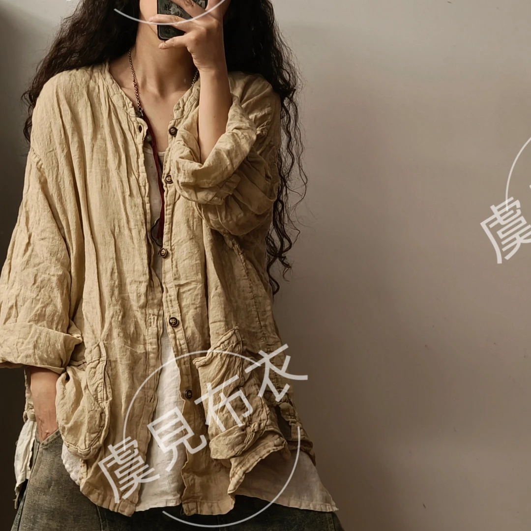 虞姑娘推荐 复古做旧高定亚麻休闲三兜麻杉【衣长73胸围132】