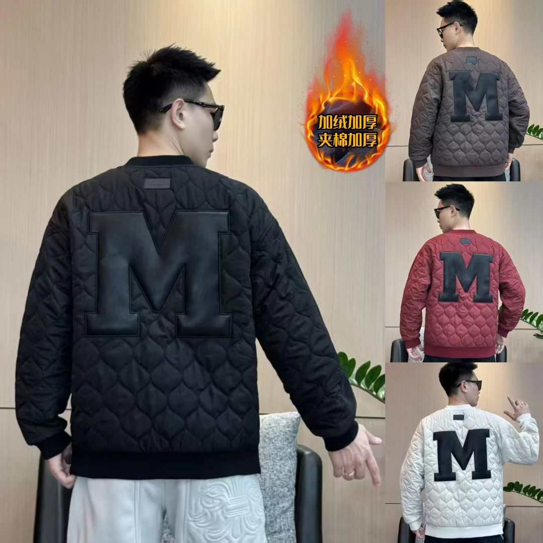 冬季男装新款潮牌加绒加厚字母刺绣拼接夹棉卫衣男洋气百搭外套
