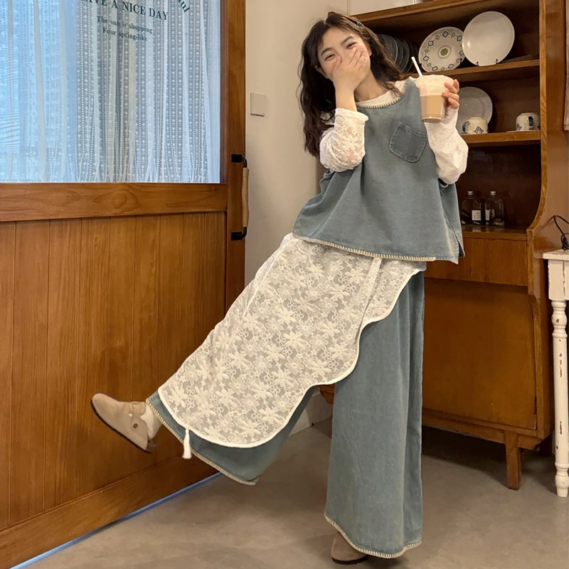 大码女装2025早秋文艺叠穿牛仔马甲阔腿裤套装不规则设计感连衣裙