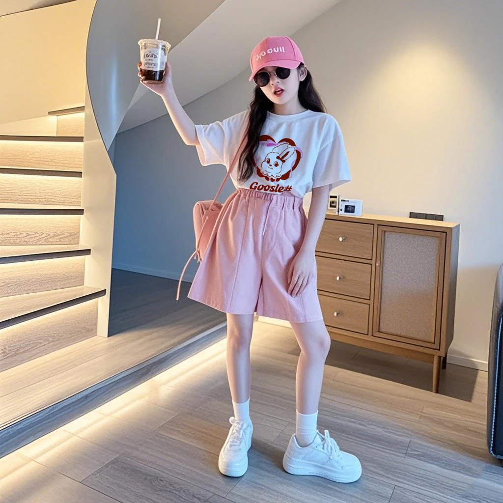 女童短袖短裤套装夏季2025新款网红儿童夏季T恤中大童卡通两件套