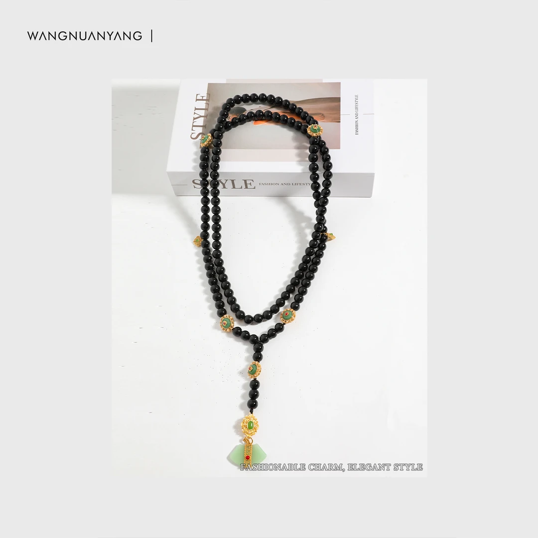 非金属玻璃项链 【WNY STUDIO】黑色如意斜跨链｜新中式长款圆珠项链