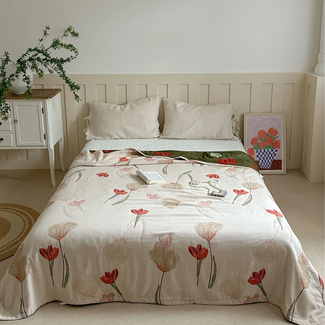 日系原单花卉款加厚纱布盖毯多功能床盖全包沙发巾夏凉被毯子加大