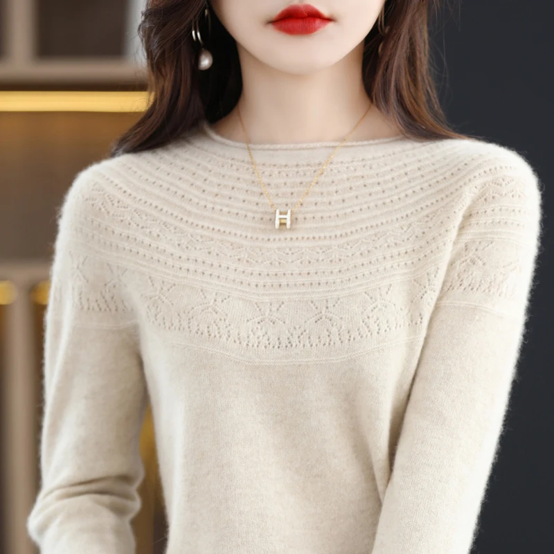 纯羊毛衫一线成衣无缝圆领打底衫女宽松内搭镂空打底衫女长袖韩版