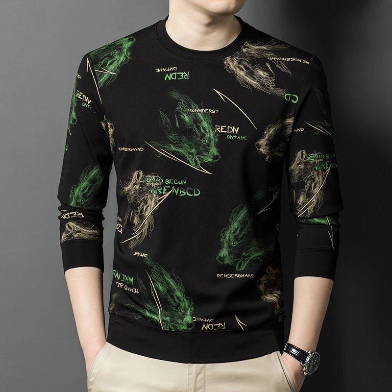 男士长袖印花圆领卫衣打底衫上衣2025时尚休闲新款春季薄款宽松