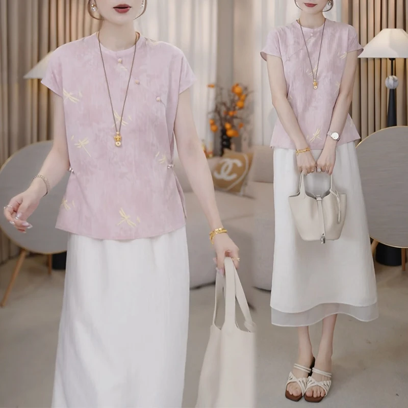 2025年夏季新款斜襟设计感收腰显瘦圆领短袖衬衫女新中式百搭上衣