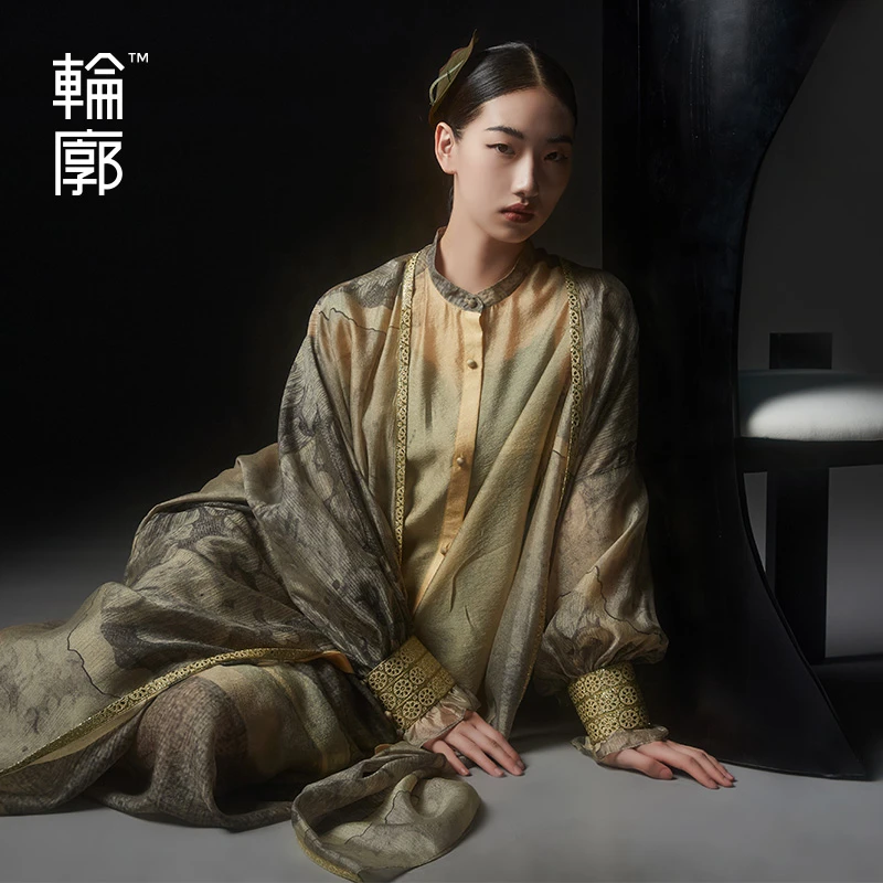 轮廓云黛飘逸古风衬衫宽松长款晕染印花原创宽松禅意衬衣L233Y004