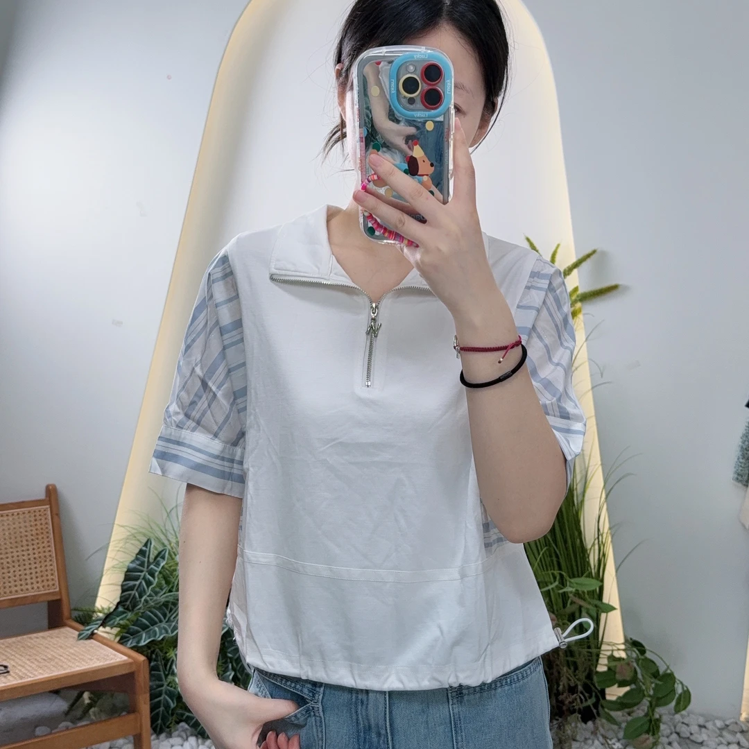 夏季女款立领假两件短袖T恤潮流字母半拉链翻领上衣