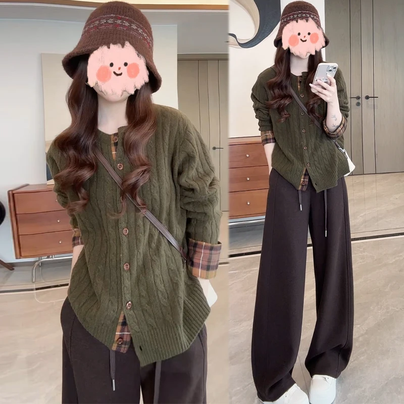 复古慵懒感宽松拼接格子麻花针织衫女秋季新款高腰显瘦卫裤两件套