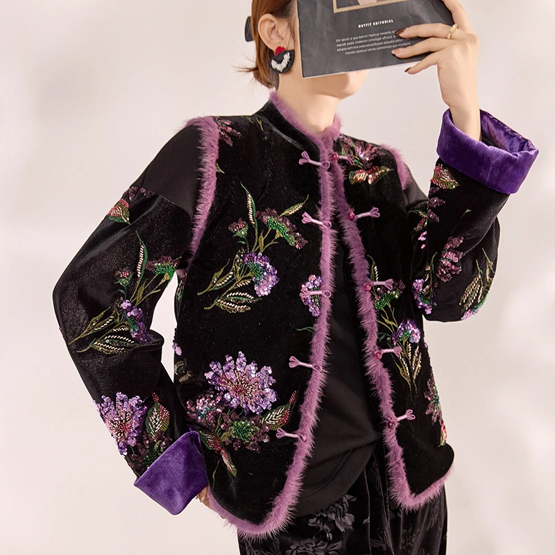 【紫霞】国风秋冬新款盘扣植物花卉重工刺绣设计感宽松版马甲 MY025