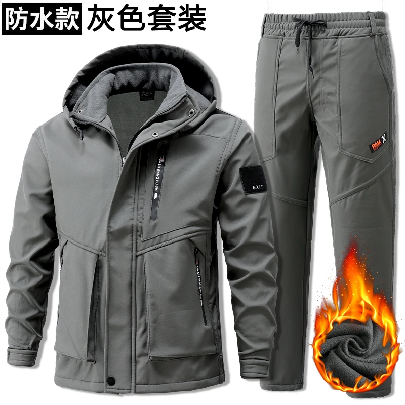 男士秋冬户外骑行垂钓开车适用防泼水防风加绒保暖冲锋衣套装