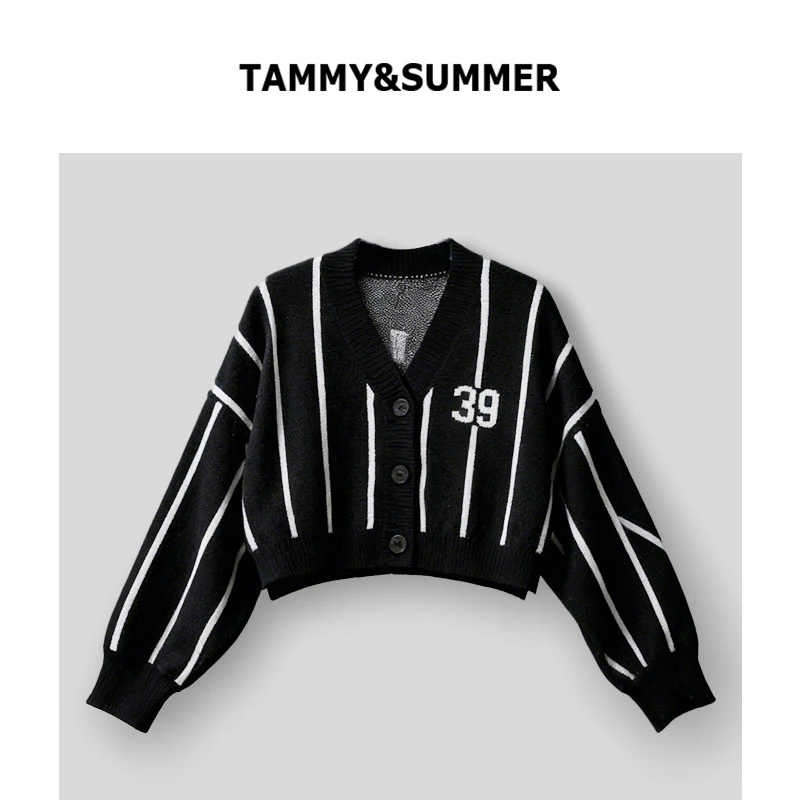 【Tammy&Summer】韩系宽松三粒扣短款V领时尚竖条毛衣针织开衫25319