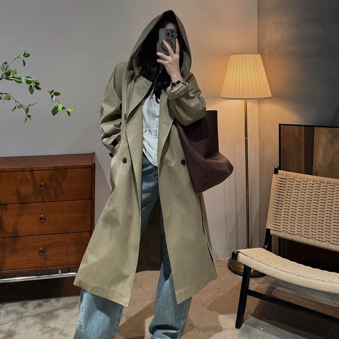 法式百搭时尚高级感气质纯色可脱卸帽两穿风衣女-J25101307