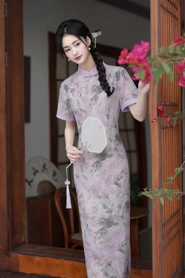 0329 【蔷薇】紫色 满花 紫色领口 旗袍
